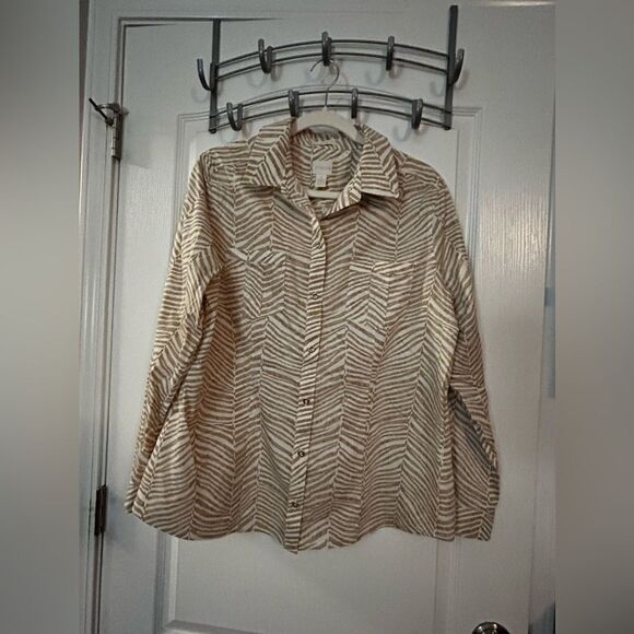 Chico’s No-Iron zebra Print Roll-Tab Sleeve Shirt White Tan size 2 Large EUC - Picture 13 of 13